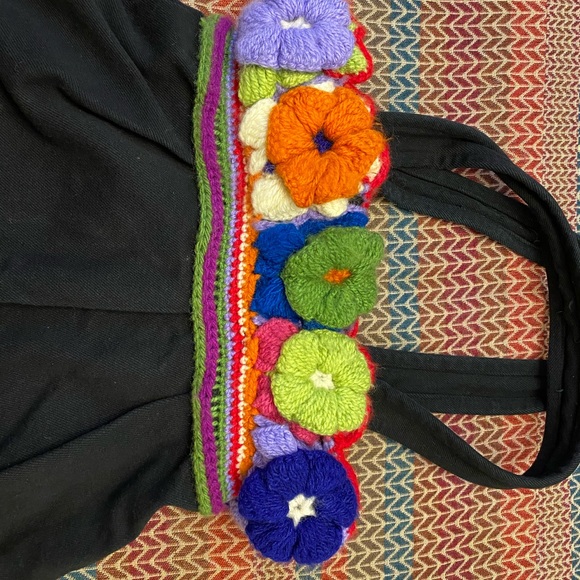 Super Cute Hand Made Unique Crochet Multicolored 3D Floral Black Shoulder Bag - Picture 8 of 15